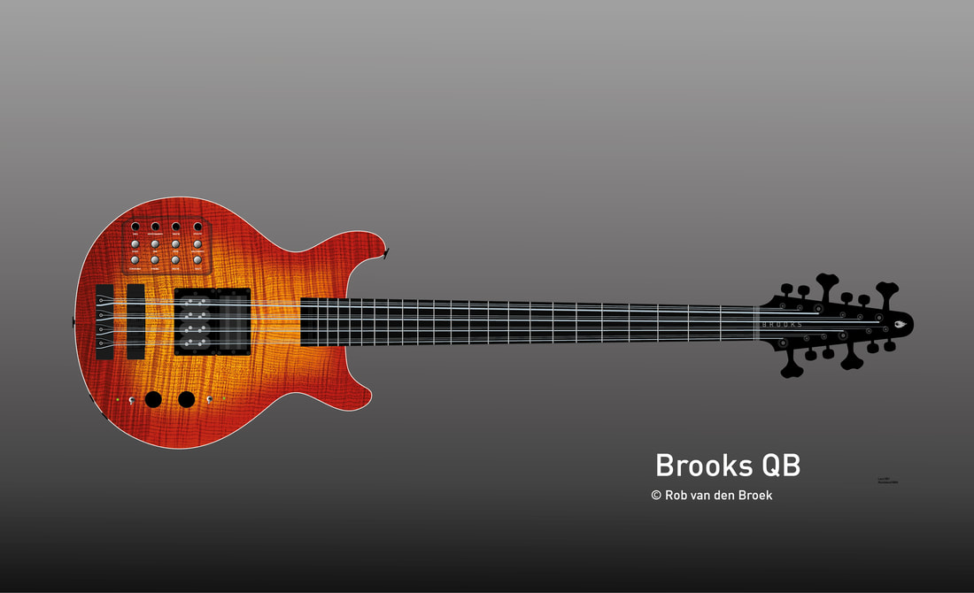 Brooks EBN-MS-5. Artist impression of the multiscale five string bass. Blue burst flamed maple top
